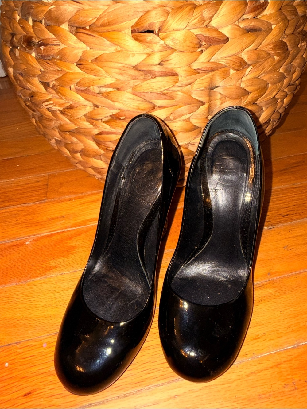 Tory Burch Black Patent Round-Toe Pumps